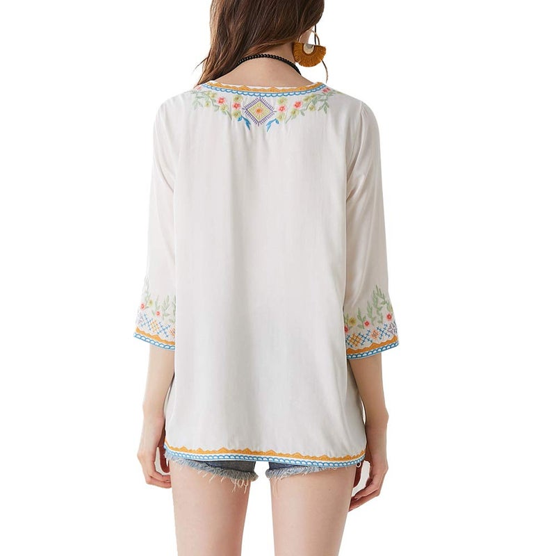 AK Women's Embroidered Tops 3/4 Sleeve Traditional Mexican Shirts for Women V Neck Peasant Tunic Blouses White - Image 2